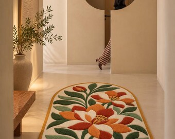 Hand Tufted Floral Rug, Arch Shaped Botanical Area Rug,  Statement Rug, Hand-Tufted Botanical Rug, Floral Arch-Shaped Accent Rug