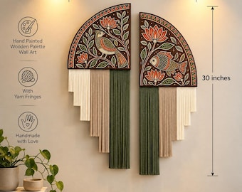 Hand Painted Indian Folk Wall Art Set of 2 with Yarn Fringe