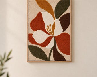 Hand Tufted Floral Wall Art, Framed Textured Flower Decor, Modern Botanical Wool Wall Hanging