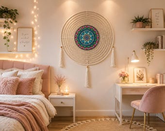 Handmade Crochet Mandala Wall Art, 24" Round Boho Decor with Tassels