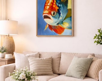 Hand Painted Koi Fish Oil Painting | Glossy Resin Wall Art, Coastal Decor