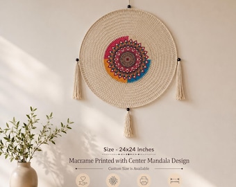 Handmade Cotton Macrame Wall Hanging, Printed Mandala Boho Decor (24 x 24 Inches)