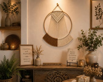 Handmade Neutral Macrame Wall Hanging, Boho Hoop Fiber Art
