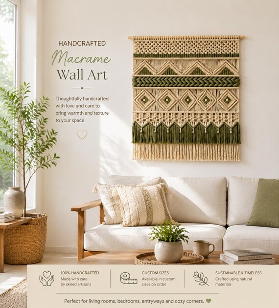 Sage Green Macrame Wall Hanging, Large Boho Wall Decor, Handmade Woven Fiber Art, Olive Green Textile Wall Art for Living Room & Bedroom