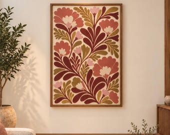 Hand Tufted Botanical Wall Art, Framed Floral Textile Art, Handmade Fiber Wall Decor, Nature Inspired Statement Art, Wooden Frame