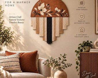 Hand Painted Floral Wood Wall Hanging with Macrame Fringe, Boho Botanical Decor
