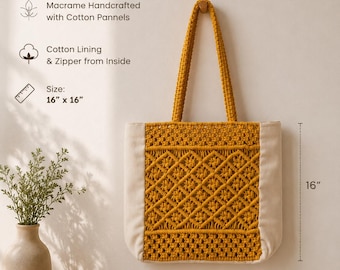 Handmade Mustard Yellow Macrame Tote Bag, Boho Cotton Lined Shoulder Bag (16"x16")