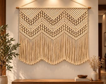 Large Macrame Wall Hanging, Boho Wall Decor, Natural Cotton Fiber Art, Woven Wall Tapestry, Bedroom Living Room Decor