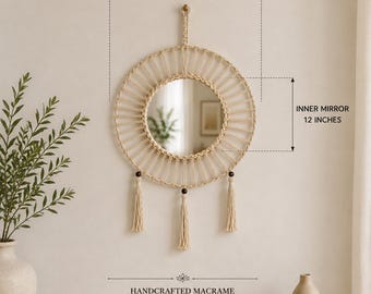 Boho Macrame Round Mirror, Natural Cotton Wall Decor, 21 Inch Outer Diameter