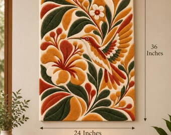 Hand Tufted Wool Wall Art, Hummingbird Botanical Tapestry with Wooden Dowel