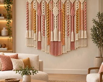 May include: A large macrame wall hanging featuring intricate knotted patterns in cream, dusty rose, and mustard yellow. The piece is suspended from a wooden rod and includes various textures, including twisted ropes, diamond shapes, and long tassels.