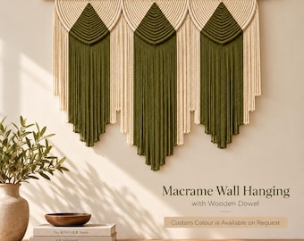 Macrame Wall Hanging, Olive Green & Cream Boho Decor with Wooden Dowel