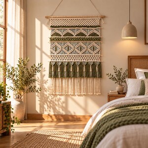 May include: A large rectangular macrame wall hanging featuring intricate knot patterns in cream and olive green cord. The design includes geometric diamond shapes, horizontal braided sections, and a bottom edge finished with long fringe and tassels.