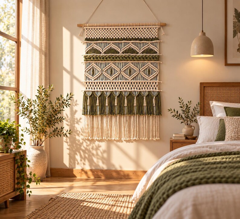 May include: A large rectangular macrame wall hanging featuring intricate knot patterns in cream and olive green cord. The design includes geometric diamond shapes, horizontal braided sections, and a bottom edge finished with long fringe and tassels.