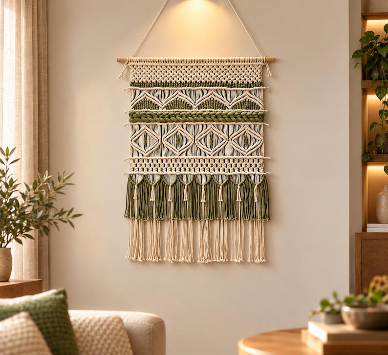 May include: A macrame wall hanging featuring off-white and olive green cotton cord. The design includes intricate knotted patterns, horizontal braided sections, diamond-shaped motifs, and a bottom fringe with alternating green and white tassels.