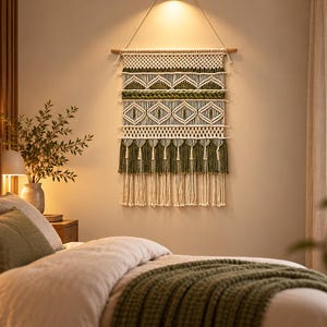 May include: A wall hanging made of off-white and olive green cord featuring intricate macrame knots, geometric patterns, and a series of vertical fringe tassels suspended from a horizontal wooden dowel with a hanging cord attached at the top.