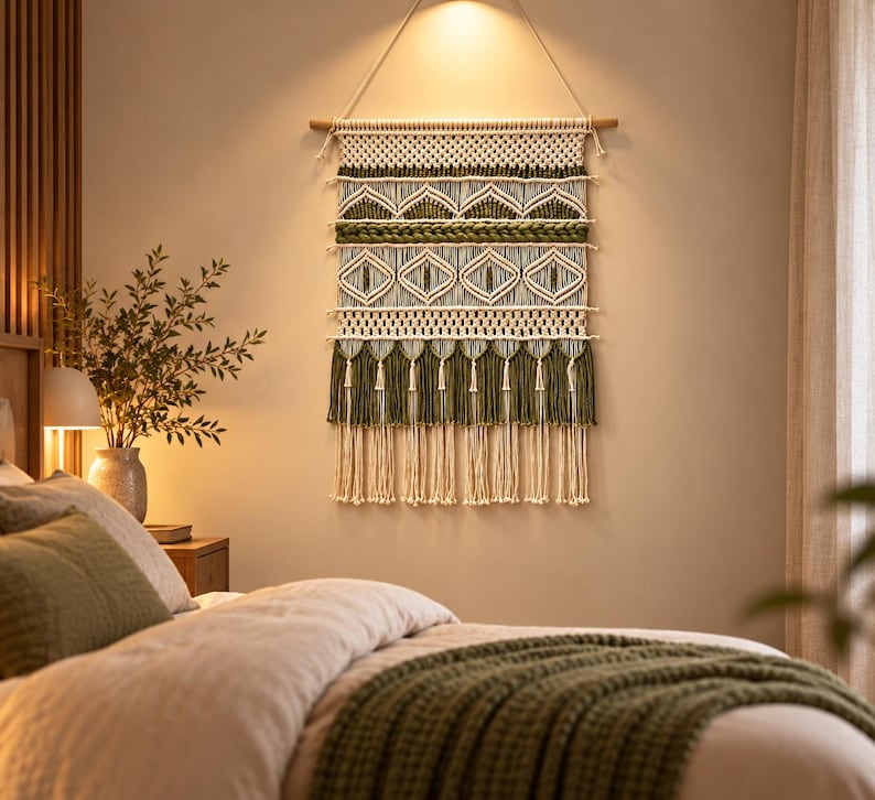 May include: A wall hanging made of off-white and olive green cord featuring intricate macrame knots, geometric patterns, and a series of vertical fringe tassels suspended from a horizontal wooden dowel with a hanging cord attached at the top.