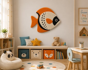 Hand Tufted Wool Fish Wall Art, Coastal Nursery Decor, Modern Beach House Hanging