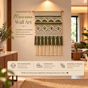 Wandbehang aus Makramee in Salbeigrün, Boho-Webkunst aus Fasern, Wanddekoration aus olivgrünem Textil