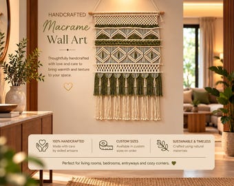 Sage Green Macrame Wall Hanging, Boho Woven Fiber Art, Olive Textile Wall Decor