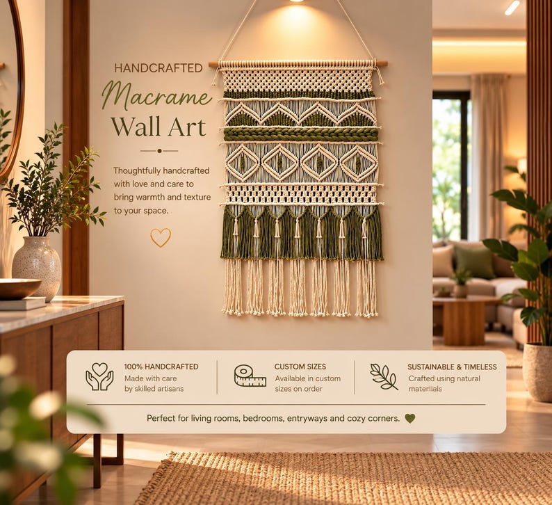 May include: A macrame wall art hanging featuring cream and olive green knotted cord patterns, geometric diamond shapes, and a bottom fringe. The piece is suspended from a wooden dowel and includes text reading HANDCRAFTED Macrame Wall Art.
