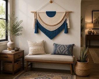 Handwoven Macrame Wall Hanging, Boho Cotton Rope Tapestry, Blue Artisan Decor