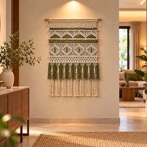 May include: A large macrame wall hanging featuring cream and olive green cotton cord. The design includes intricate knot patterns, braided horizontal sections, diamond-shaped motifs, and a bottom fringe of alternating green and cream tassels.