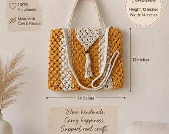 Handmade Macramé Handbag, Boho Woven Tote Bag, Mustard Yellow & Ivory Shoulder Bag
