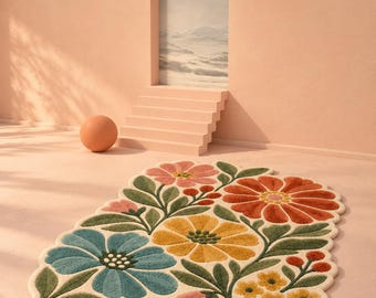 Hand Tufted Wool Floral Rug, Colorful Shaped Flower Area Rug, Botanical Tufted Carpet, Retro Cottagecore Home Decor