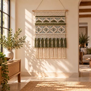 May include: A rectangular macrame wall hanging featuring a geometric pattern in cream and olive green cotton cord. The design includes intricate knotted diamond shapes, horizontal braided rows, and a bottom fringe of long, loose hanging cords.