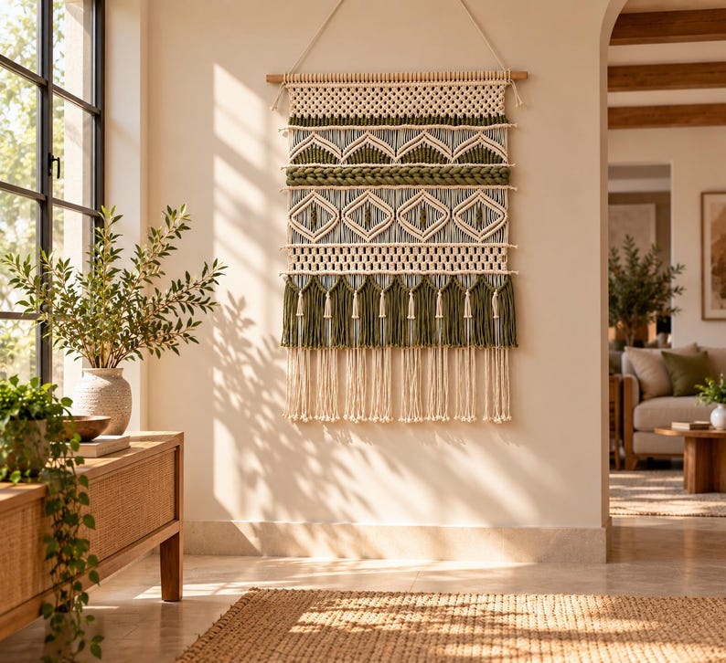 May include: A rectangular macrame wall hanging featuring a geometric pattern in cream and olive green cotton cord. The design includes intricate knotted diamond shapes, horizontal braided rows, and a bottom fringe of long, loose hanging cords.