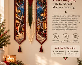 Christmas Wall Hanging, Printed Holiday Panels with Macrame, Traditional Christmas Decor, Rustic Home Accent