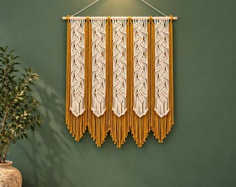 Mustard Macrame Wall Hanging, Boho Fiber Wall Art, Handmade Woven Decor
