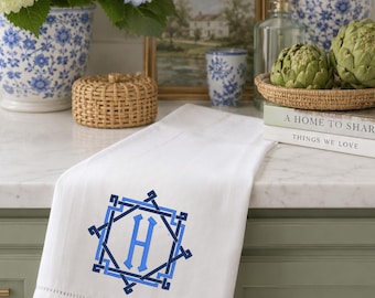 Strofinaccio da cucina personalizzato con monogramma, strofinaccio ricamato, decorazione in stile chinoiserie
