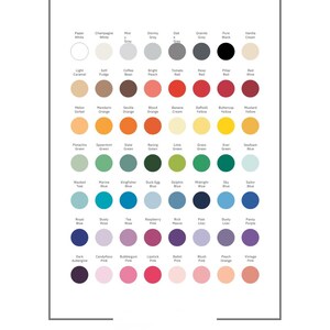 May include: A color palette chart with the text "pick your palette" at the top. The chart displays a variety of color swatches, including shades of gray, beige, orange, red, green, blue, and pink. Each color is labeled with its name.