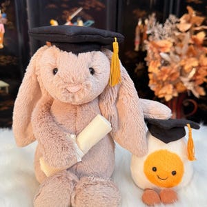 May include: A plush bunny wearing a black graduation cap with a gold tassel, holding a rolled-up scroll. Beside it is a plush egg character, also wearing a graduation cap. Both are on a white surface.