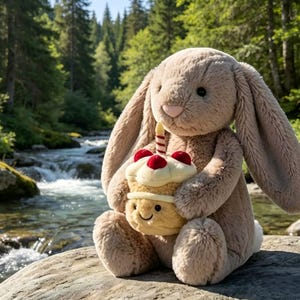May include: A plush, tan-colored bunny rabbit toy holding a cupcake with a lit candle. The cupcake has a smiling face and is topped with red cherries. The bunny is sitting on a rock near a flowing river, with trees in the background.