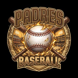 Op de afbeelding: Een honkbal-thema grafiek met het woord "PADRES" in een bruin, omlijnd lettertype boven een honkbal in vlammen. Twee gekruiste honkbalknuppels en het woord "BASEBALL" staan eronder. Stadions zijn op de achtergrond.