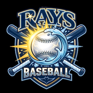 May include: A baseball-themed graphic with the word "RAYS" in blue and gold, and "BASEBALL" in white. A baseball is at the center, with a water wave and lightning bolt design. Two crossed baseball bats are behind the baseball.