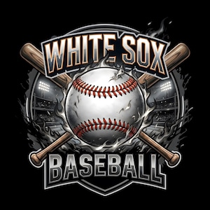 Op de afbeelding: Honkbal-thema grafiek met een witte honkbal met rode stiksels, tegen een achtergrond van gekruiste houten knuppels en een stadion. De woorden "WHITE SOX" en "BASEBALL" staan prominent afgebeeld.