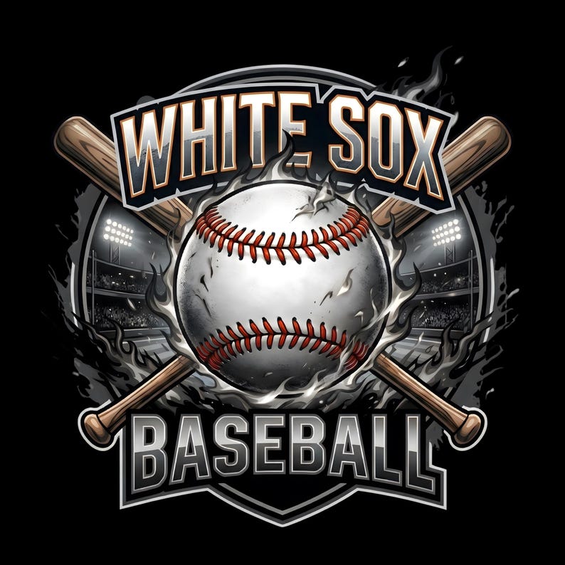 Op de afbeelding: Honkbal-thema grafiek met een witte honkbal met rode stiksels, tegen een achtergrond van gekruiste houten knuppels en een stadion. De woorden "WHITE SOX" en "BASEBALL" staan prominent afgebeeld.