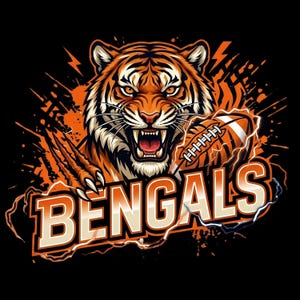 May include: An illustration of a tiger with orange and black stripes, holding a football. The word "BENGALS" is displayed in orange and white, with lightning bolt accents, set against a black background.