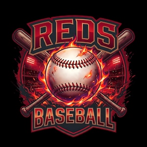 May include: Baseball-themed graphic with the word "REDS" in red, outlined in black, above "BASEBALL". A baseball is engulfed in flames, with crossed bats and a stadium in the background. The design is set against a black backdrop.
