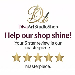 Op de afbeelding: Afbeelding met de tekst "DivaArtStudioShop" en "Help our shop shine!" op een witte achtergrond. Vijf gouden sterren staan onder de tekst, met het woord "masterpiece" onder de sterren.
