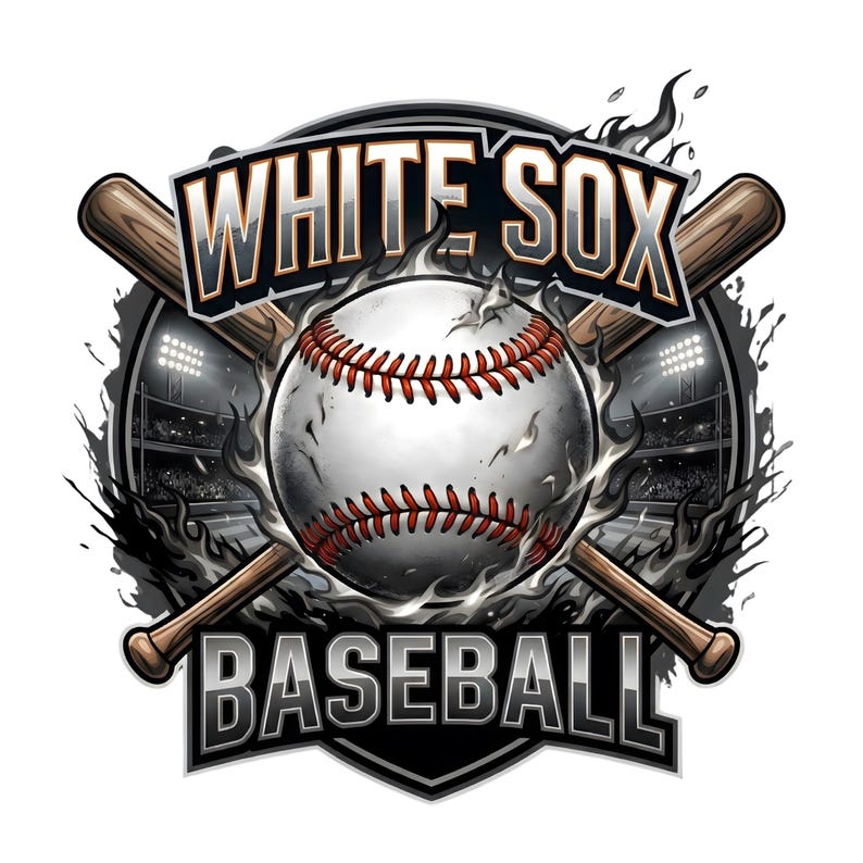 Op de afbeelding: Een honkbal-thema grafiek met de tekst "WHITE SOX BASEBALL". Het ontwerp toont een honkbal met rode stiksels, gekruiste houten knuppels en een stadionachtergrond. Vlammen en rook omringen de centrale elementen.