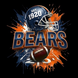 Pode incluir: Um design gráfico com um capacete de futebol azul marinho com o texto "EST. 1920" e a palavra "BEARS" em letras 3D. Uma bola de futebol castanha é colocada abaixo do texto, com efeitos de respingos de tinta laranja e azul sobre um fundo preto.