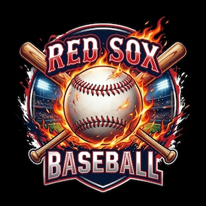 Puede incluir: Gráfico temático de béisbol con una pelota blanca en llamas, sobre un fondo de estadio. Las palabras "RED SOX" y "BASEBALL" se muestran en rojo y blanco, con dos bates de béisbol cruzados. El diseño está sobre un fondo negro.