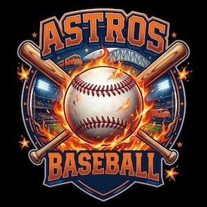 Op de afbeelding: Een honkbal-thema grafiek met het woord "ASTROS" in oranje en blauw, en "BASEBALL" in oranje. Een honkbal is omgeven door vlammen, met gekruiste knuppels erachter. De achtergrond toont een stadion en een trein.
