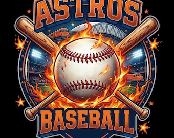 Könnte beinhalten: Ein Baseball-Grafik mit dem Wort "ASTROS" in Orange und Blau und "BASEBALL" in Orange. Ein Baseball ist von Flammen umgeben, mit gekreuzten Schlägern dahinter. Der Hintergrund zeigt ein Stadion und einen Zug.