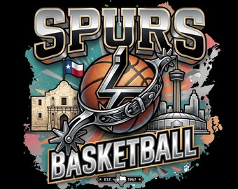 May include: A graphic design featuring the word "SPURS" in silver and black 3D lettering. A basketball with a spur design is in the center, with the text "BASKETBALL" below. The Alamo, the Tower of the Americas, and the San Antonio skyline are also depicted.